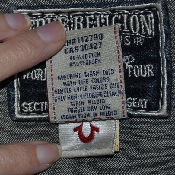 True Religion Blue Denim Sleeveless Jacket Jean Vest Emily Big T Bold Stitch L - Picture 6 of 7